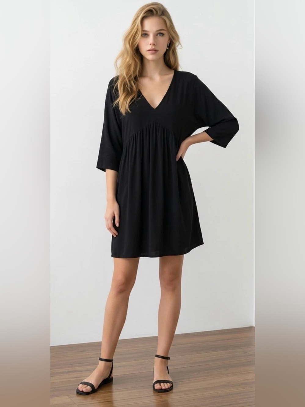 Natural Life Stella Black V Neck Babydoll Dress Sz M Boho